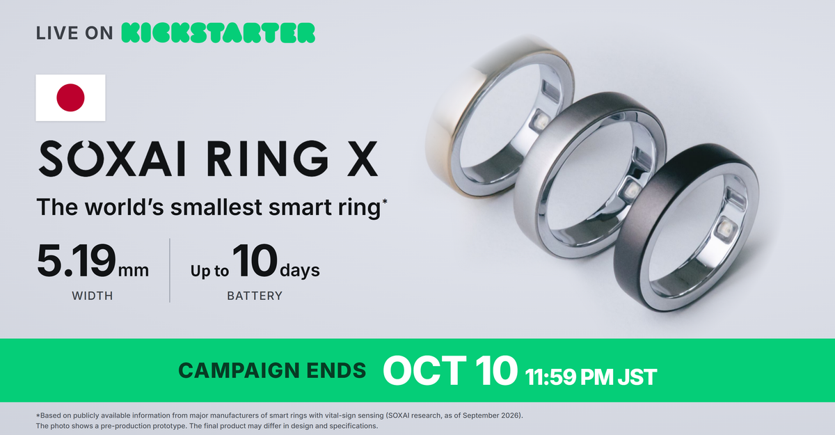SOXAI RING X, the world’s smallest smart ring, is live on Kickstarter. The campaign ends October 10, 2026, 11:59 PM JST.